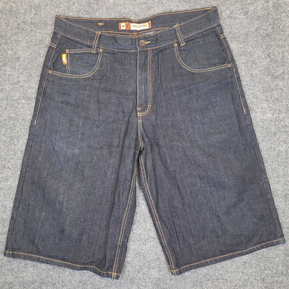 Mecca USA Denim Shorts Mens 38 Blue Baggy Embroidered Streetwear Y2K VTG Hip Hop